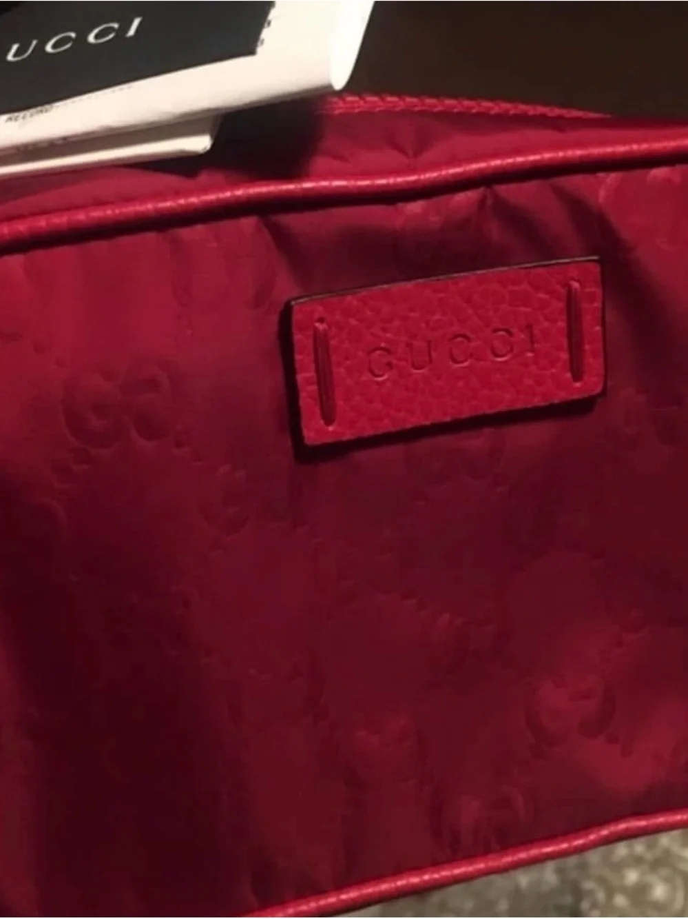 Gucci Red Leather Logo Cosmetic Pouch Interior Tag